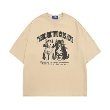 Летняя Мужская футболка из чистого хлопка с коротким рукавом, INs, Уличная Модная Американская Повседневная футболка с животным принтом и изображением кошки, Короткий рукав