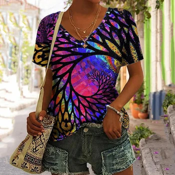 Летняя Новая женская футболка с 3D цветочным принтом, V-образный вырез, блузка с коротким рукавом, Модные футболки больших размеров для женской одежды, Женская футболка Y2k