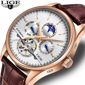 Механические часы LIGE, мужские автоматические часы с турбийоном, Роскошные винтажные механические часы, кожаные Классические модные мужские наручные часы