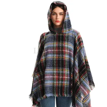 Модная женская клетчатая накидка с капюшоном, квадратный свитер, утепленная зимняя шаль, обертывания, одеяло, шарф, пальто, пончо для женщин