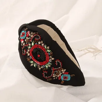 Модная Тканевая повязка на голову с ручной вышивкой, Губка, Толстая Винтажная повязка на голову в стиле барокко с блестками, Аксессуары для волос