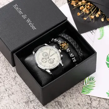 Модные Белые Мужские Кожаные часы-браслет с кварцевым циферблатом с римскими цифрами и календарем, Регулируемые Плетеные браслеты, Подарочная коробка, комплект