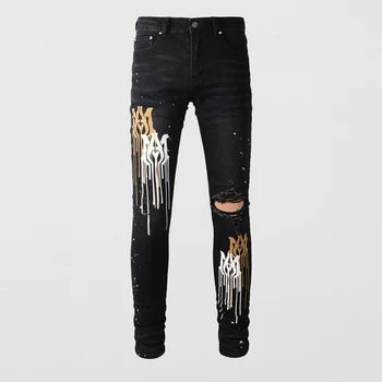 Модные Дизайнерские Мужские Джинсы Черные Стрейчевые Облегающие Рваные джинсы с принтом Мужские Брюки с дырками Уличная одежда Хип-хоп Брендовые брюки Hombre