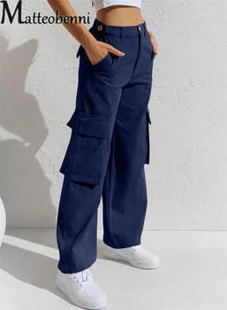 Модный Повседневный Уличный комбинезон, Женские Джинсы на пуговицах с несколькими карманами, однотонные джинсовые брюки, женские прямые брюки для пригородных поездок