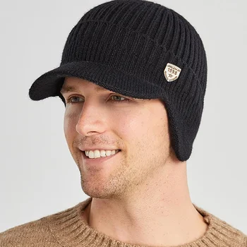 Мужская зимняя вязаная шапка для велоспорта, защита ушей, теплая кепка с козырьком, Повседневная модная шляпа-бомбер 56-61 см