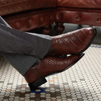Мужские ботинки с принтом из змеиной кожи На низком каблуке, сшитые ботинки на квадратном каблуке, Кожаные туфли в классическом стиле, мужская официальная обувь