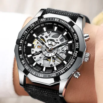 Мужские механические часы FNGEEN с автоматическим скелетом, мужские часы Лучшего бренда из Роскошной кожи, светящийся указатель Relogio Masculino