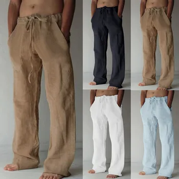 Мужские хлопчатобумажные льняные брюки, Летние однотонные дышащие льняные брюки, Мужские повседневные брюки для фитнеса с эластичной резинкой на талии, уличная одежда в стиле хип-хоп