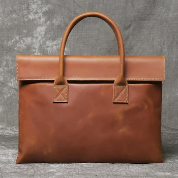 Мужской портфель в стиле ретро, повседневная сумка-портфель из воловьей кожи, деловая сумка-планшет из воловьей кожи, тонкий клатч для 15-дюймового ноутбука