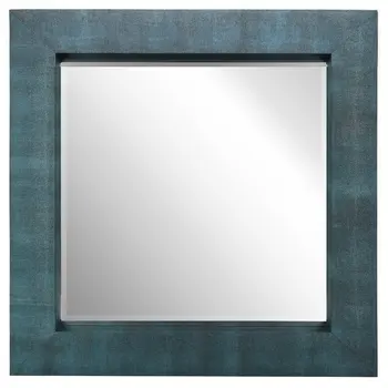Настенное зеркало в рамке из скошенной металлической шагреневой кожи прямого черного цвета на синем фоне, 48 