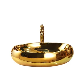 Овальный позолоченный умывальник для ванной комнаты ручная стирка керамическая раковина для ванной комнаты золото