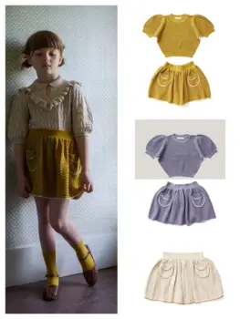 Одежда для маленьких девочек Soor Ploom, Фирменная новинка, Летний Модный детский Топ с пышными рукавами, Трикотажные футболки, Юбки, Комплект из двух предметов, Детская одежда