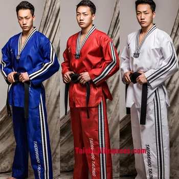 Одежда для тхэквондо в полоску для боевых искусств TKD Tae Kwon Do для взрослых и детей, Униформа WTF, 160-190 см, красный, синий, черный