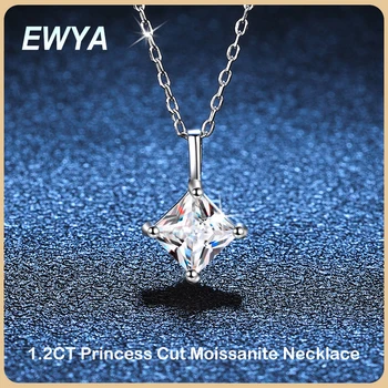 Ожерелье с подвеской из муассанита огранки принцессы EWYA 1.2ct для женщин, вечерние изысканные ювелирные изделия из стерлингового серебра 925 пробы, ожерелья-цепочки с бриллиантами