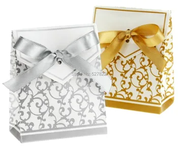 Оптовая продажа-100шт 2 цвета Золото/щепка с лентой Коробка для подарков на свадьбу, коробка для конфет, подарочные коробки для подарков, Свадебная коробка, бесплатная доставка