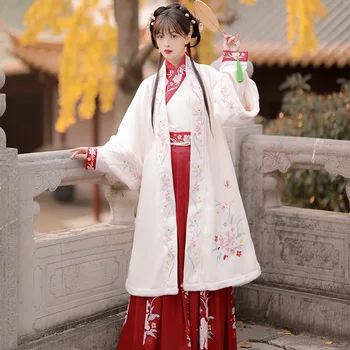 Осенне-зимняя Женская накидка Ханфу в китайском стиле, плащ-фея с капюшоном и цветочной вышивкой, Теплое пальто Восточной древней принцессы, пальто