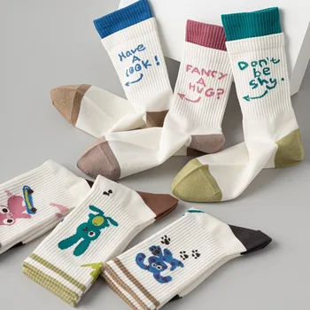 Осенние Новые разноцветные носки с мультяшными буквами животных, Антибактериальные и дышащие для женщин, Повседневные спортивные носки Kawaii