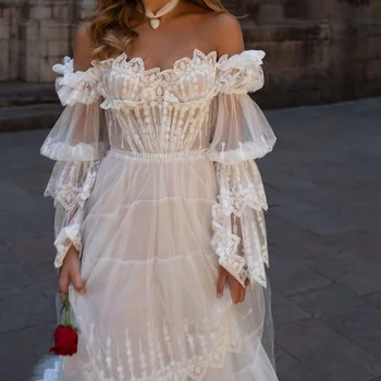 Платье для выпускного вечера с вырезом лодочкой, кружевное вечернее платье с длинным рукавом, свадебные платья с открытыми плечами, Сетчатое платье Vestidos De Festa
