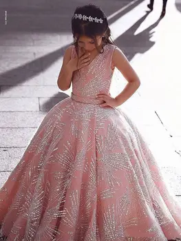 Платье с цветочным узором для девочек, расшитое перьями, бисером, блестками, Детские платья, бальное платье для свадьбы, платье для Первого Причастия