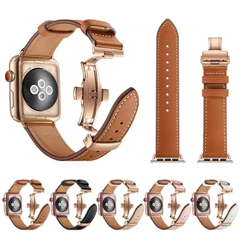 Повседневный кожаный ремешок для Apple Watch band 38 мм 40 мм 41 мм 42 мм 44 мм 45 мм Ремень с пряжкой-бабочкой браслет iwatch series 7 6 5 4 SE