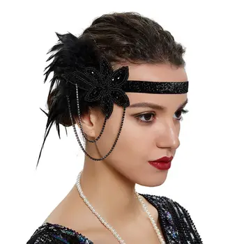 Повязка на голову с черными перьями в стиле ретро, Аксессуары для волос со стразами, Модная повязка на голову для женщин, вечеринка в стиле Гэтсби