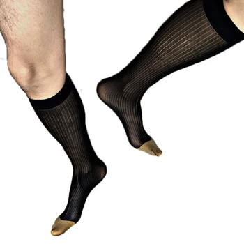 Подарки для мужчин, носки-трубочки, вечерние Сексуальные мужские прозрачные костюмные чулки, фетиш, деловое ультратонкое эротическое платье, носки hombre с золотым носком