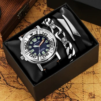 Подарочный набор Мужских Светящихся водонепроницаемых часов из воловьей кожи, кварцевые наручные часы с датой и 2 браслетами, практичная подарочная коробка для отца