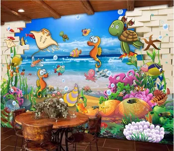 Пользовательские фотообои 3d обои для комнаты Кирпичная стена Подводный мир Мультяшная рыба изображение 3d настенные фрески обои для стены 3 d