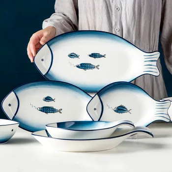 Простая керамическая тарелка в скандинавском стиле, креативный дом, большая рыбная тарелка, прямоугольное мелкое блюдо, мультяшная посуда для закусок 