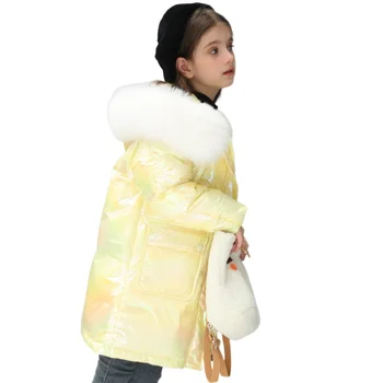 Пуховик для девочек, детское зимнее пальто с металлическим блеском, меховой воротник, теплый стеганый пуховик с капюшоном, плотная верхняя одежда для улицы