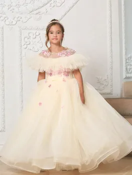 Пышное платье для маленьких девочек, платья с оборками и цветочным узором Для девочек, платье Принцессы с прозрачным вырезом, платье для свадебной вечеринки, Детские платья для фотосессии