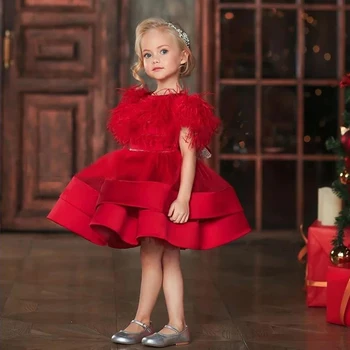 Рождественские детские платья Из красного бархата Длиной до колена с пером, Бальное платье для свадебной вечеринки, Детская одежда с цветами, Настраиваемая 2022