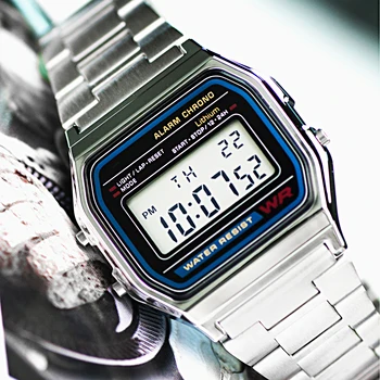 Роскошные часы со стальным ремешком F91W, Ретро светодиодные цифровые спортивные военные часы, Электронные наручные часы, Женские Мужские пары
