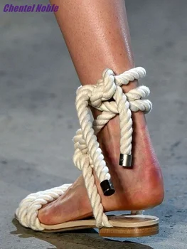 Сандалии в римском стиле; Летняя женская обувь на плоской подошве из пеньковой веревки с белыми ремешками на шнуровке; Новое поступление; Модные лаконичные перекрестные ремешки с круглым носком;
