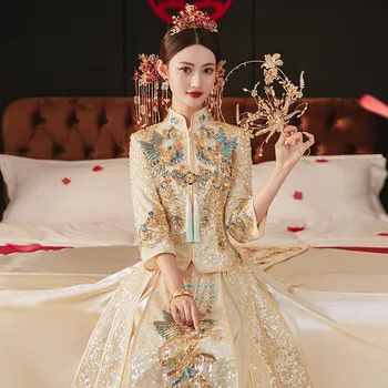 Свадебное платье Невесты с блестящими пайетками и бисером, вышивка Павлином цвета Шампанского, Свадебный набор в китайском стиле Cheongsam