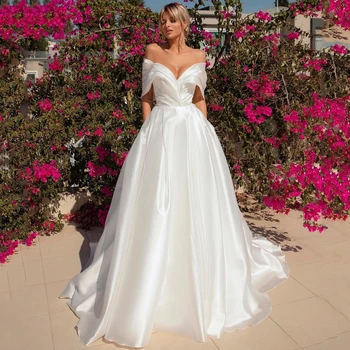 Свадебные платья Eightree White Princess Элегантное свадебное платье с открытыми плечами, атласные свадебные платья в стиле Бохо на пляже с корсетом Сзади, большие Размеры