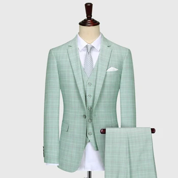 Светло-зеленые мужские костюмы в клетку, приталенный стиль для свадебного платья Жениха, Плюс Размер 58, Одежда делового мужчины Джентльмена