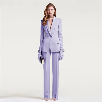 Светло-фиолетовый Женский Двубортный деловой костюм, Сшитый на заказ, Приталенные прямые брюки, Смокинги, вечерние комплекты из 2 предметов, костюм