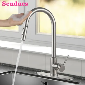 Сенсорный Кухонный кран Senducs Smart Touch Кухонный Смеситель G1/2 Горячий Холодный Гибкий Шланг для Сенсорных Выдвижных Кухонных Смесителей
