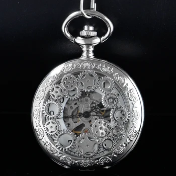 Серебряные гравировальные станки с двойным открытым зубчатым колесом, мужские часы с двойным римским циферблатом, карманные часы с цепочкой-брелоком, подарок