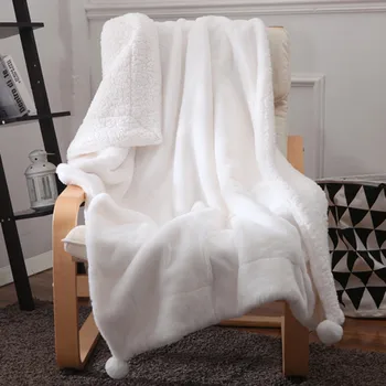Супер Мягкое белое покрывало из искусственной кроличьей шерсти для девочек, подарочное уютное покрывало для дивана с помпонами