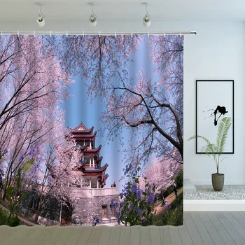 Тема Декораций в виде цветущей вишни, Занавеска для душа, Башня, Пейзаж Японской горы Фудзи, Ткань с крючками, ширма для ванны, Декор ванной комнаты