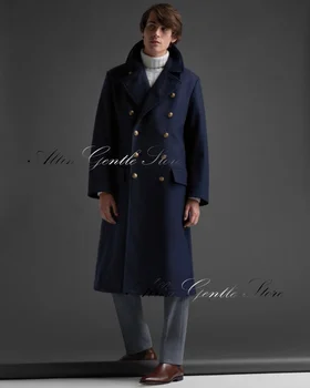 Темно-Синее Длинное пальто Для мужчин, Двубортный Пиджак для деловых мужчин, Зимняя Новая Стильная одежда для джентльменов