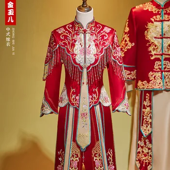 Традиционная Вышивка Кисточкой Свадебный костюм Невесты Чонсам Классическая китайская Пара Женщины Мужчины Свадебное платье Qipao Vestidos