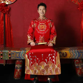 Традиционная китайская Свадебная Одежда Для Тостов, Мужской Костюм Сюхэ, Красные Классические Костюмы Жениха Тан, Длинное платье с вышивкой в стиле Ретро