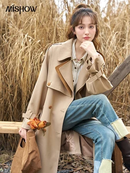 Тренч MISHOW для женщин 2023, Осенний Английский стиль, двубортный, контрастного цвета, в стиле пэчворк с поясом, пальто-поло MXC44W0059