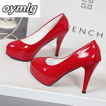 Туфли на высоком каблуке 10 см, водонепроницаемая пикантная обувь на платформе с круглым носком, корейская женская обувь из лакированной кожи большого размера s071