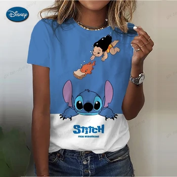 Футболка с принтом Disney Stitch с коротким рукавом, Винтажный милый летний топ 90-х, Модная одежда, Женская одежда, Базовая футболка, графическая футболка