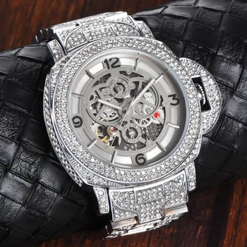 Хип-хоп бренд MISSFOX Выдалбливают Автоматические механические мужские часы Со льдом и бриллиантами Модные наручные часы Роскошные Водонепроницаемые часы Подарок