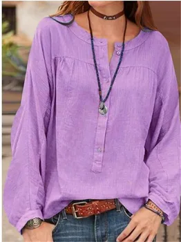 Хлопковая льняная рубашка, Весенне-осенние женские топы, Женская блузка в стиле Харадзюку, повседневные однотонные блузки с длинным рукавом и V-образным вырезом на пуговицах, blusas